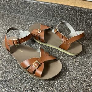 Sun-San Hoyway Brown Leather Womens Sz 8 Summer Casual Sandals Ankle Strap Flats